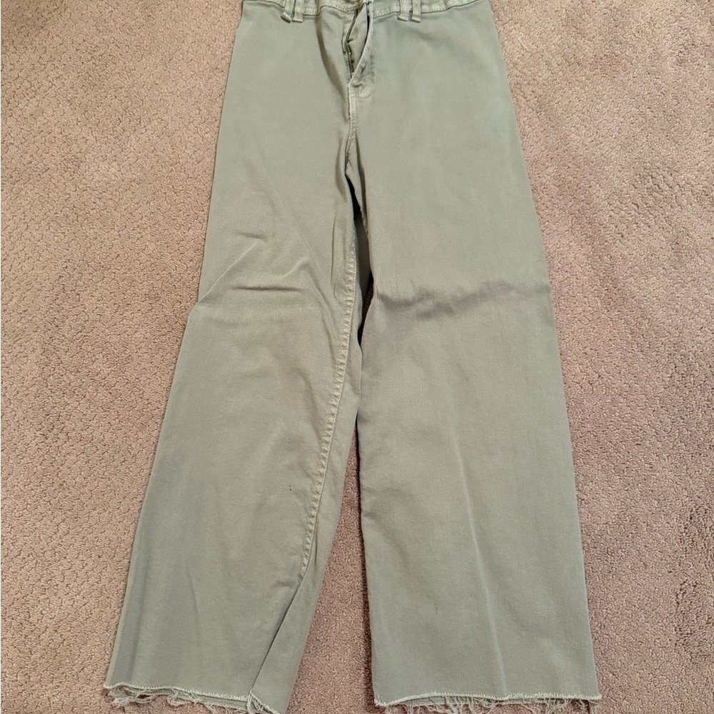 Zara Green Wide-Leg Pants with Frayed Hem